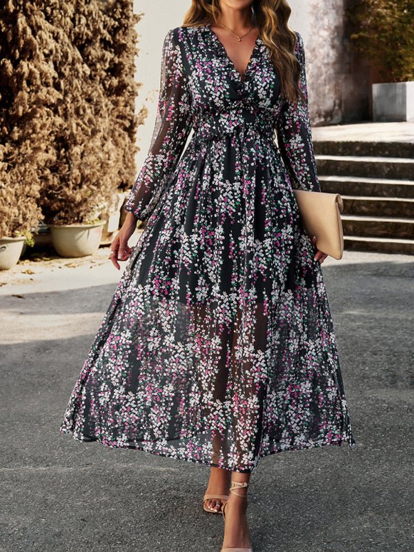 Women's Fashion V Neck Long Sleeves Elegant Chiffon Casual Dress - Casual Dress