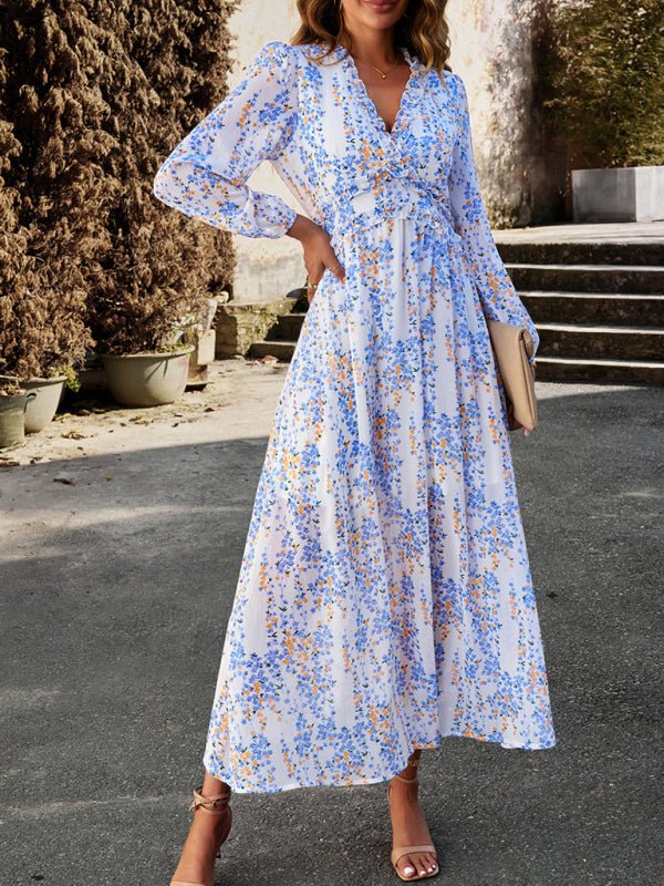 Women's Fashion V Neck Long Sleeves Elegant Chiffon Casual Dress - Casual Dress