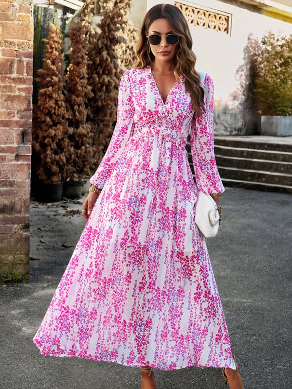 Women's Fashion V Neck Long Sleeves Elegant Chiffon Casual Dress - Casual Dress