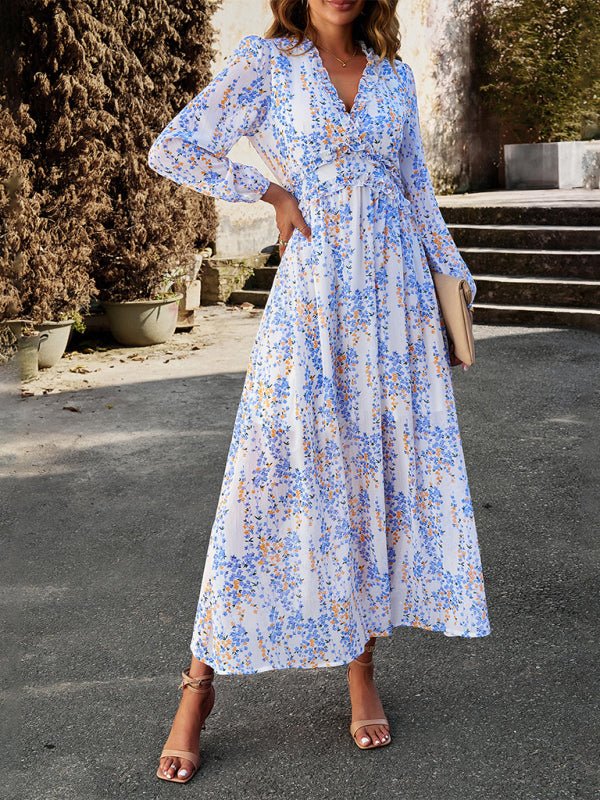 Women's Fashion V Neck Long Sleeves Elegant Chiffon Casual Dress - Casual Dress