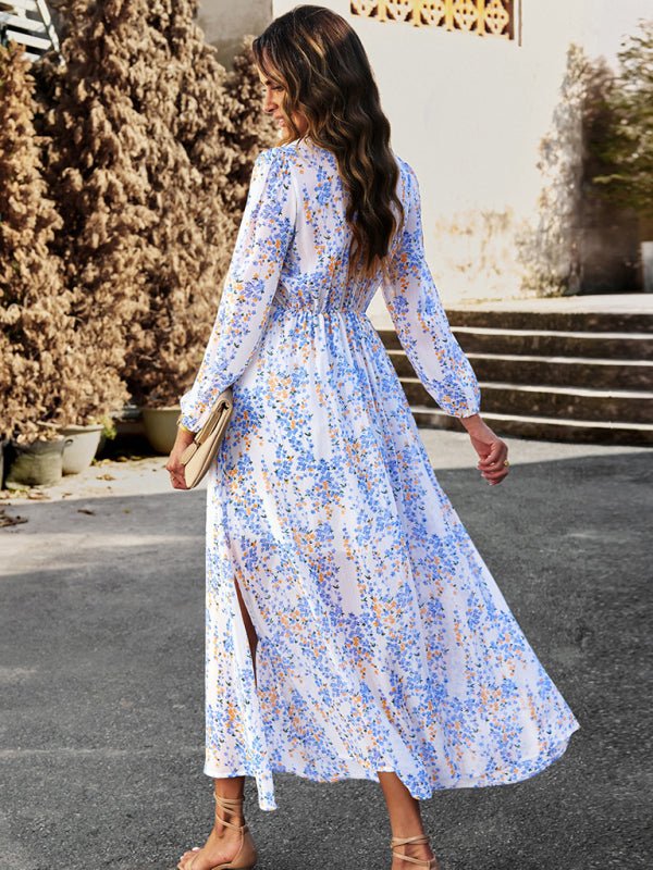 Women's Fashion V Neck Long Sleeves Elegant Chiffon Casual Dress - Casual Dress