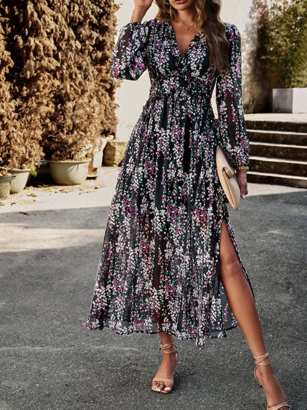 Women's Fashion V Neck Long Sleeves Elegant Chiffon Casual Dress - Casual Dress