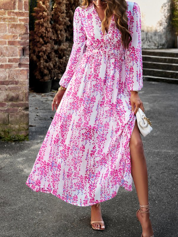 Women's Fashion V Neck Long Sleeves Elegant Chiffon Casual Dress - Casual Dress