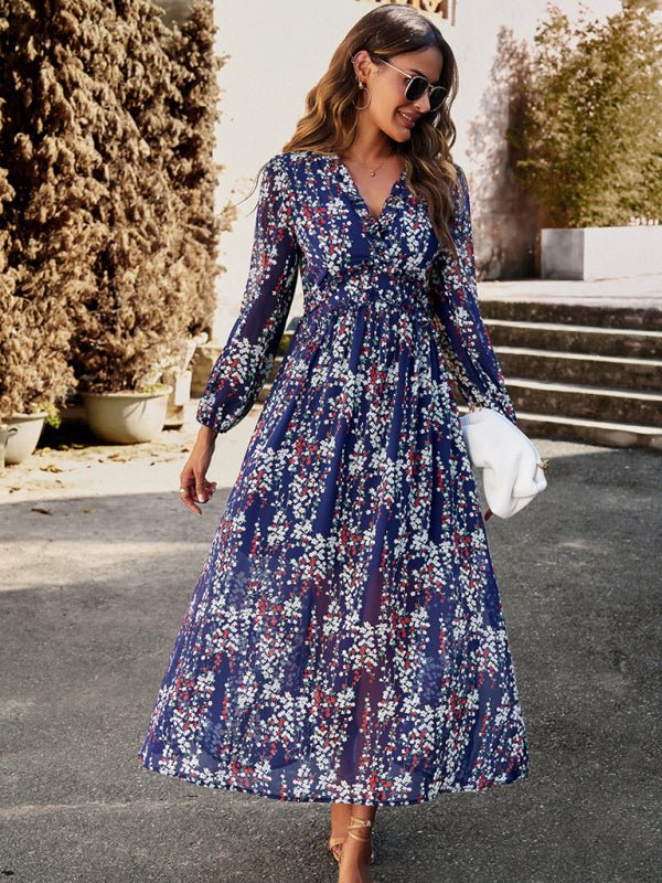 Women's Fashion V Neck Long Sleeves Elegant Chiffon Casual Dress - Casual Dress