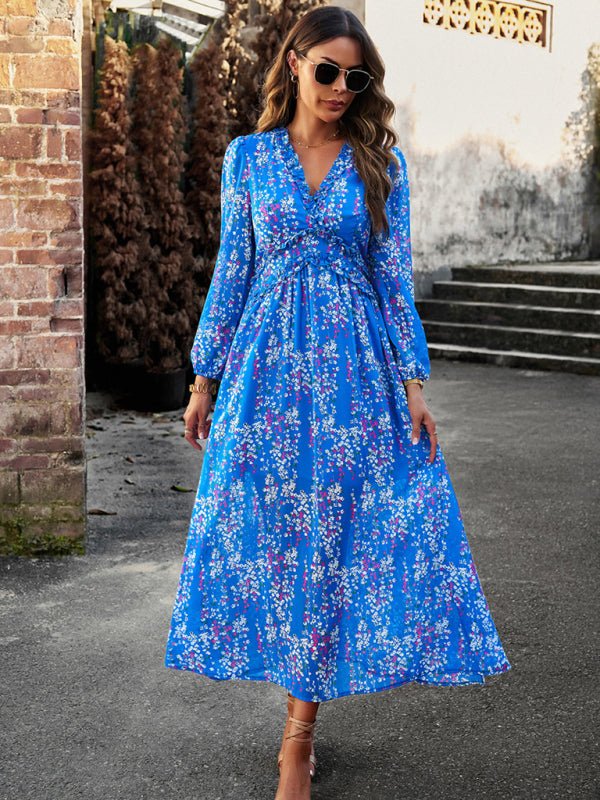 Women's Fashion V Neck Long Sleeves Elegant Chiffon Casual Dress - Casual Dress
