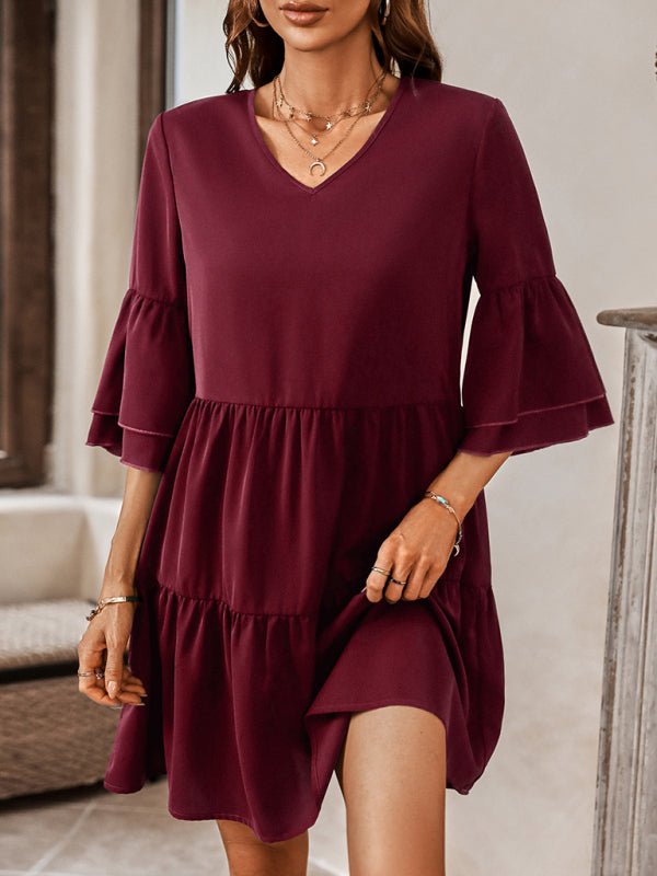 Women's fashion V - neck solid color loose dress for women - Nightout dress