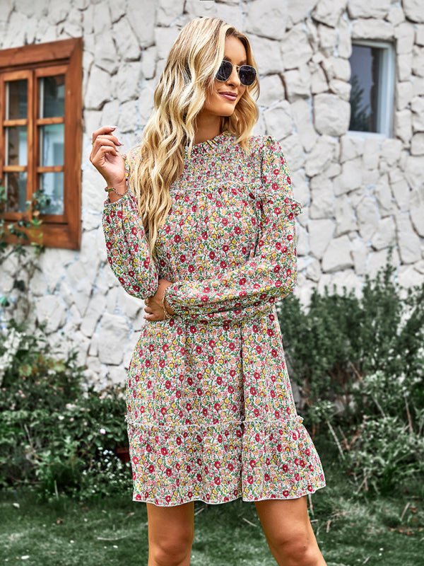 Women's fashion waist reduction holiday loose Floral Dress - Day Dress