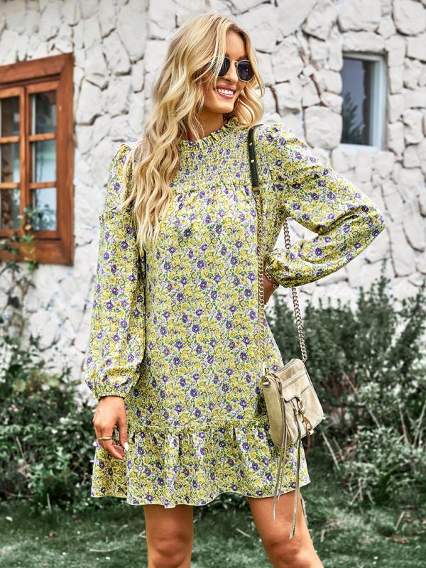 Women's fashion waist reduction holiday loose Floral Dress - Day Dress
