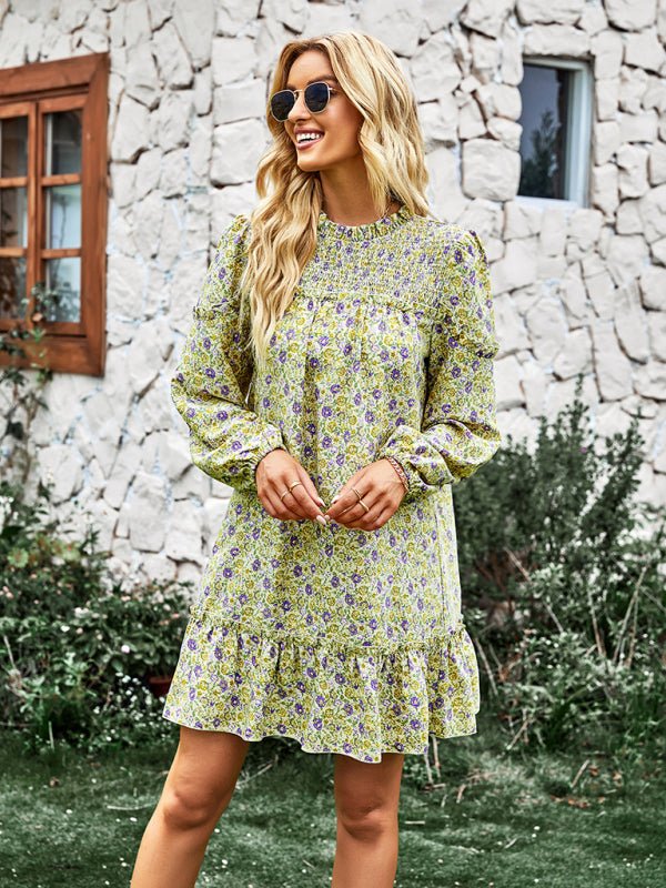 Women's fashion waist reduction holiday loose Floral Dress - Day Dress