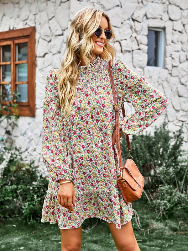 Women's fashion waist reduction holiday loose Floral Dress - Day Dress