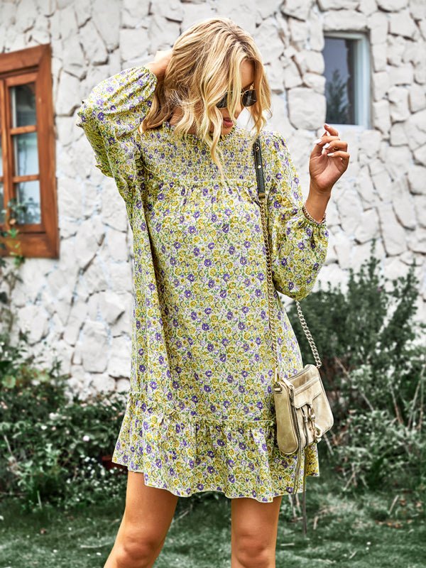 Women's fashion waist reduction holiday loose Floral Dress - Day Dress