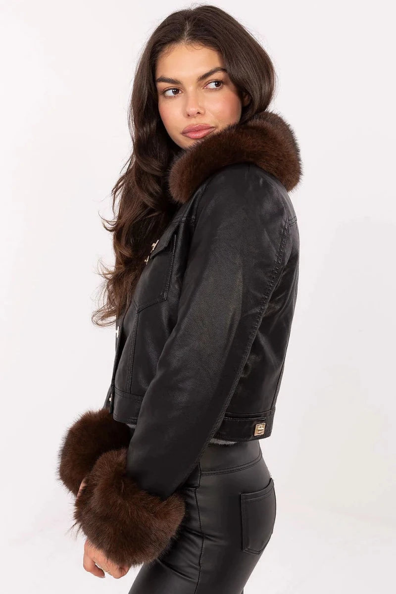 Women's Faux Leather Jacket with Fur Trim - 