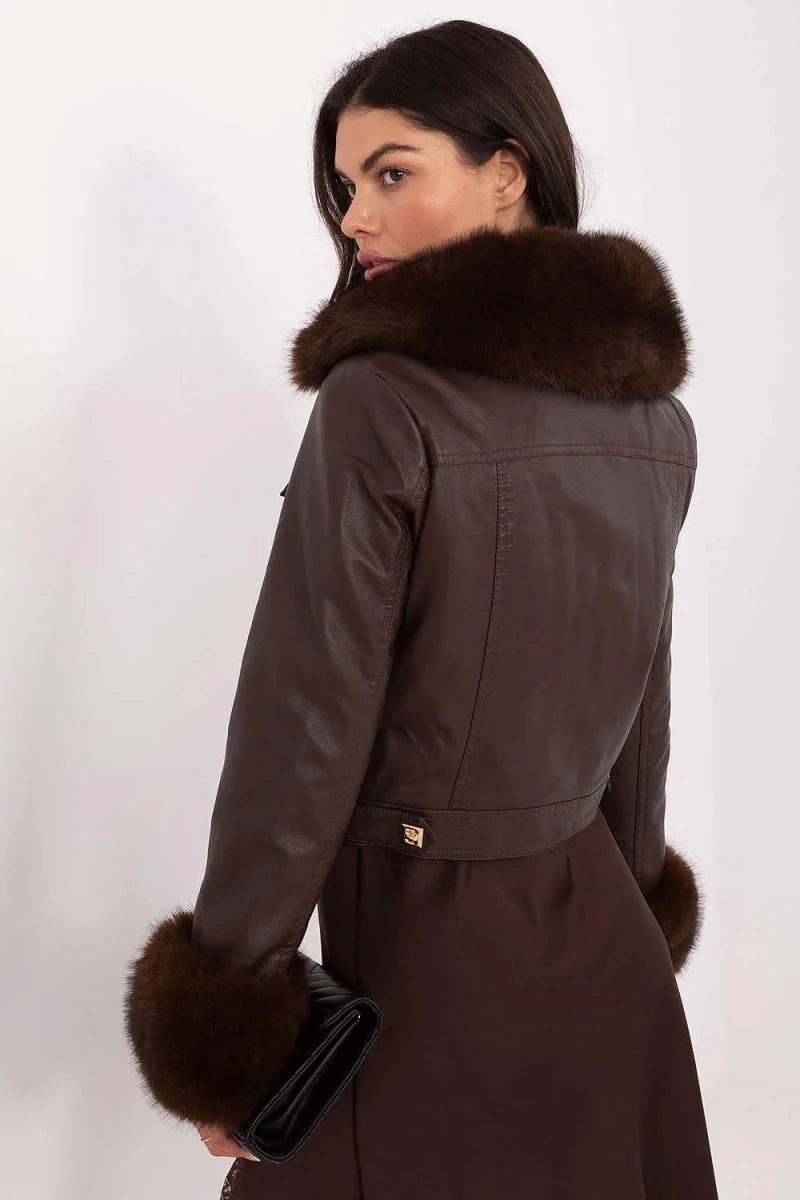 Women's Faux Leather Jacket with Fur Trim - 