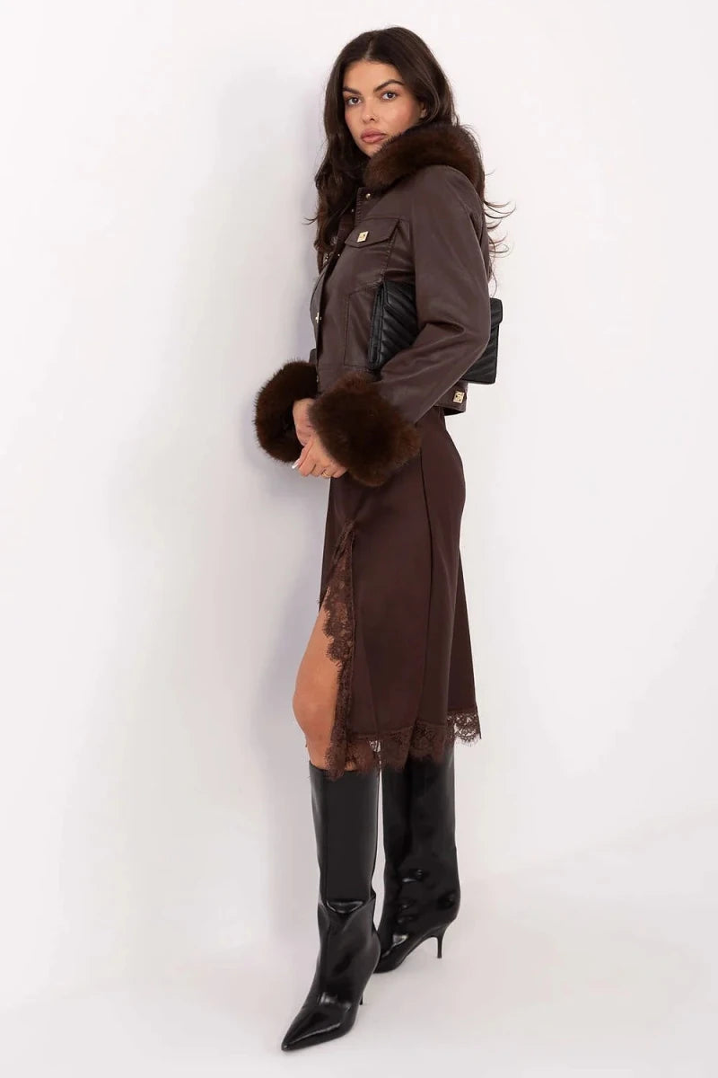 Women's Faux Leather Jacket with Fur Trim - 