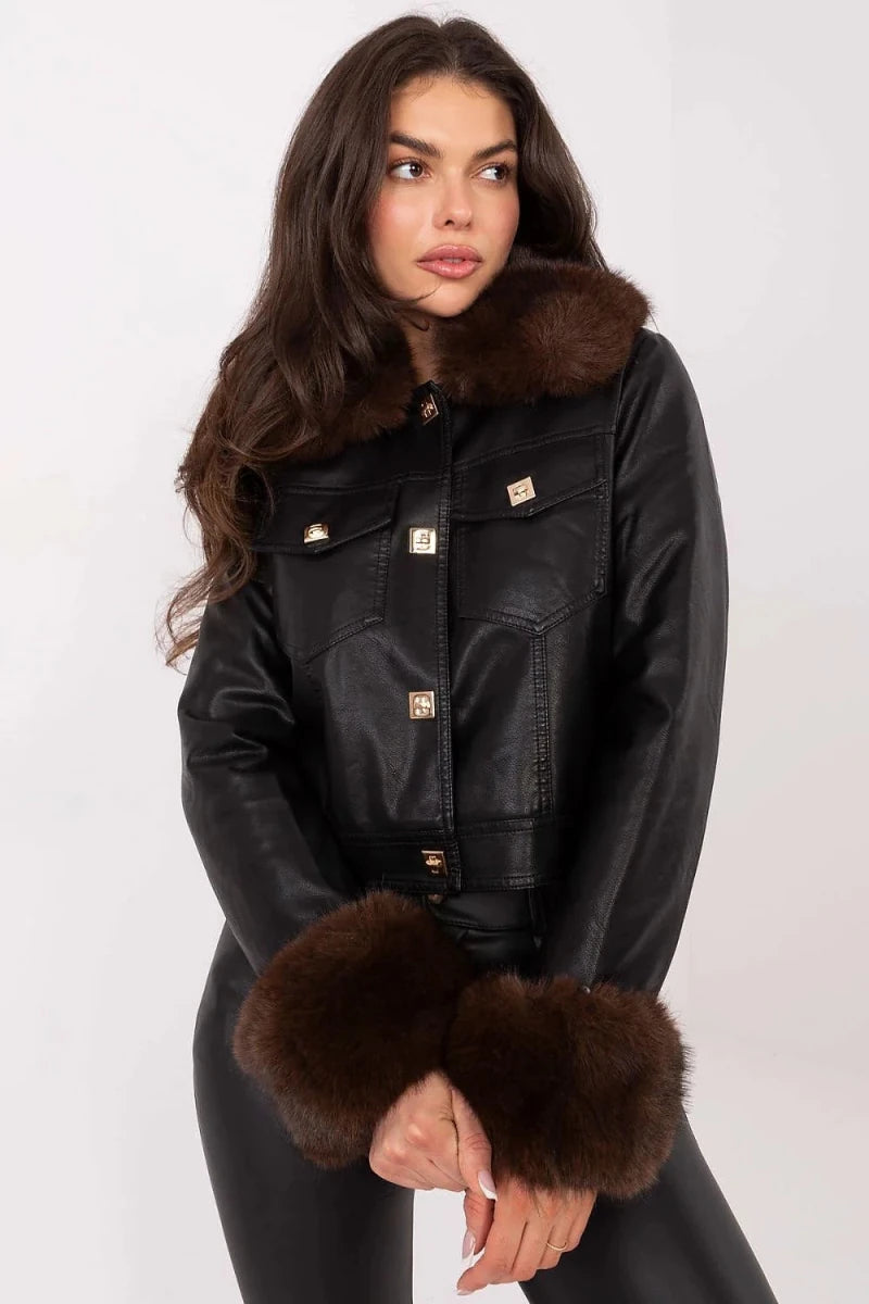 Women's Faux Leather Jacket with Fur Trim - 