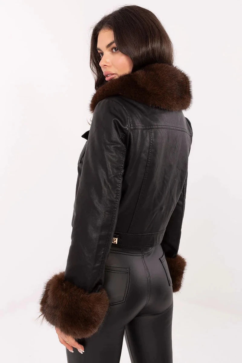 Women's Faux Leather Jacket with Fur Trim - 