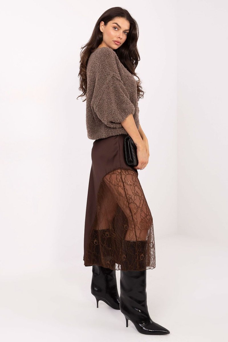 Women's Flared Midi Skirt with Lace - 