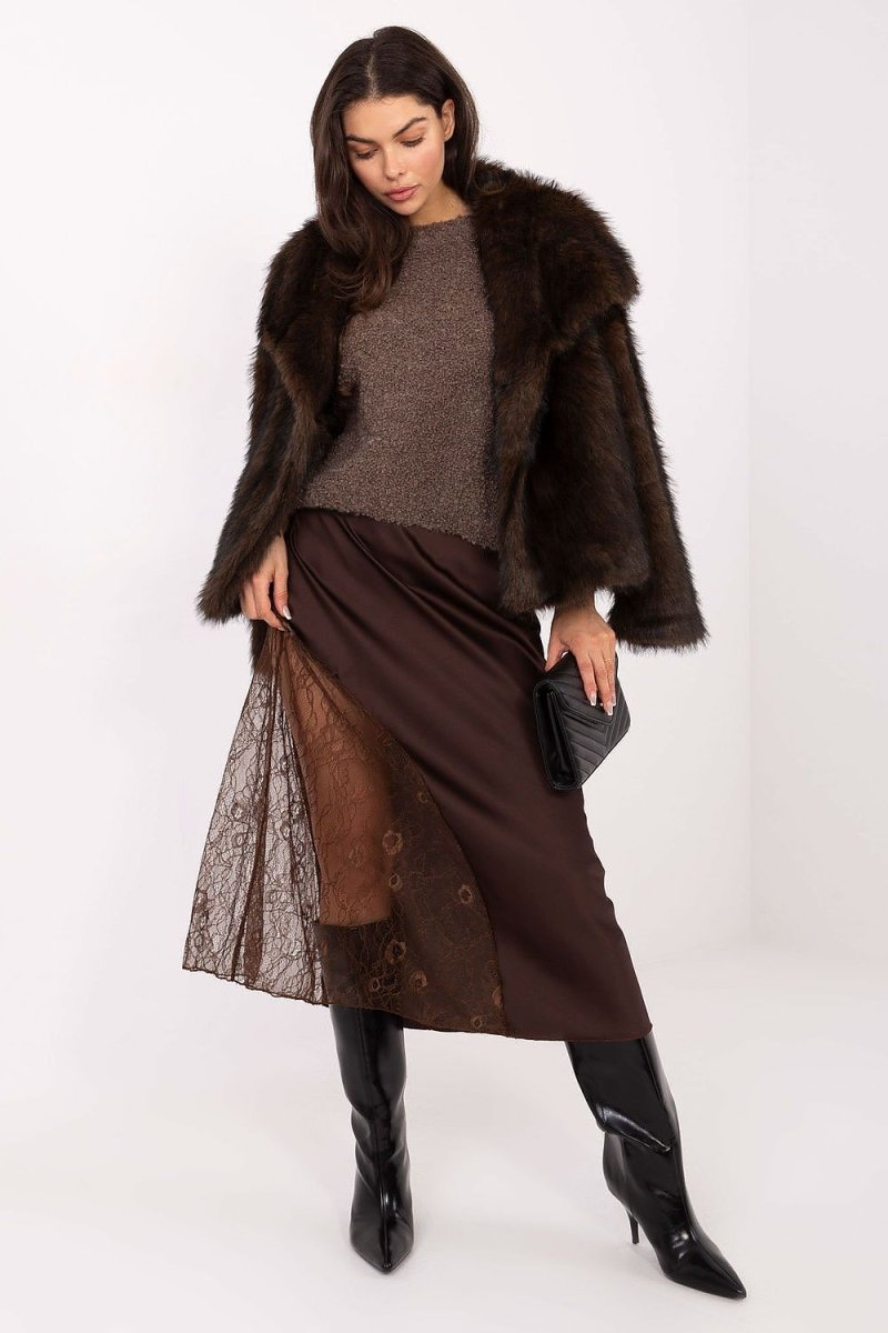 Women's Flared Midi Skirt with Lace - 