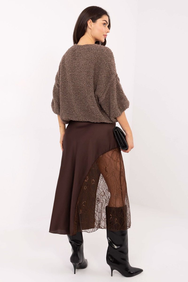 Women's Flared Midi Skirt with Lace - 