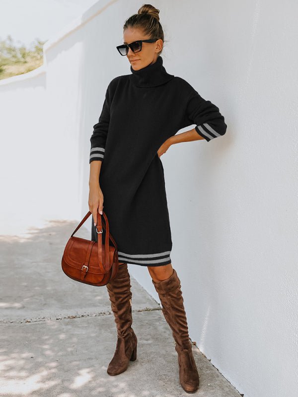 Women's high neck long sleeve skirt knitted dress - Sweater Dress