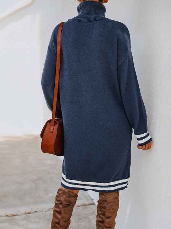 Women's high neck long sleeve skirt knitted dress - Sweater Dress