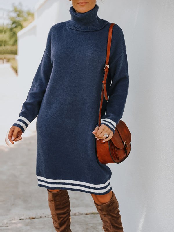 Women's high neck long sleeve skirt knitted dress - Sweater Dress