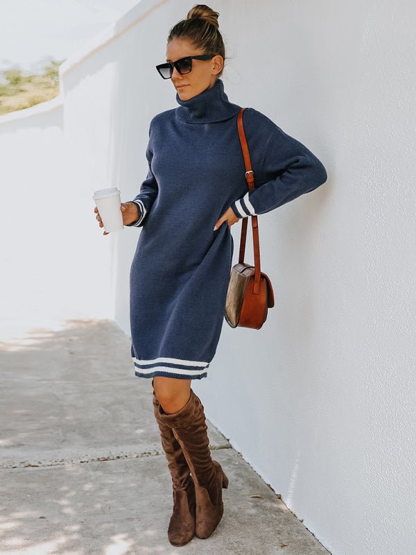 Women's high neck long sleeve skirt knitted dress - Sweater Dress