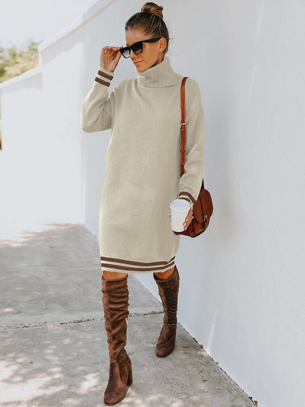 Women's high neck long sleeve skirt knitted dress - Sweater Dress