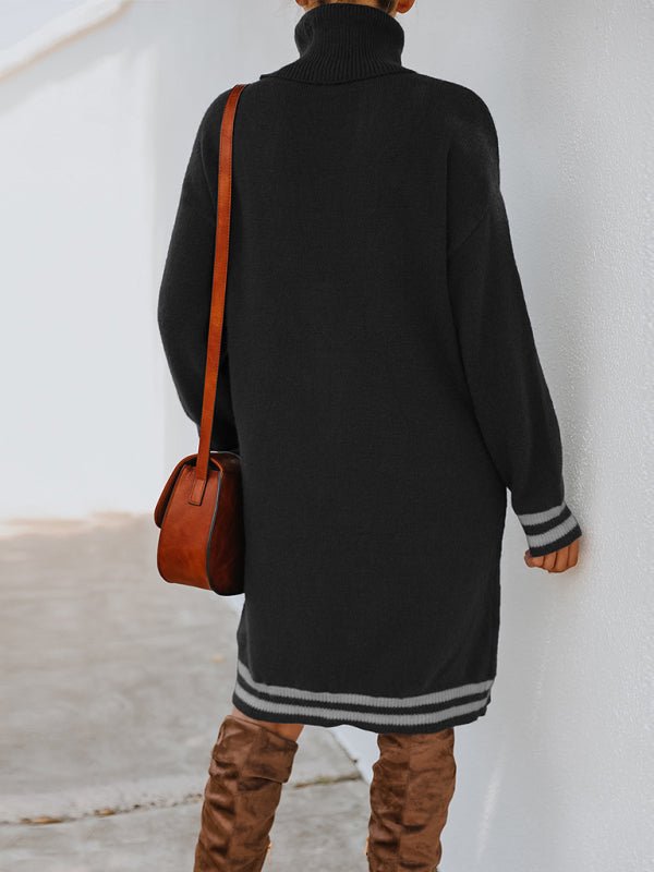 Women's high neck long sleeve skirt knitted dress - Sweater Dress