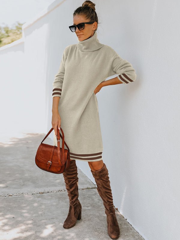 Women's high neck long sleeve skirt knitted dress - Sweater Dress