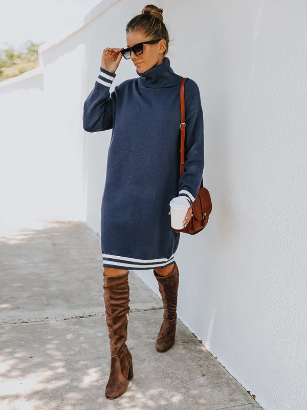 Women's high neck long sleeve skirt knitted dress - Sweater Dress