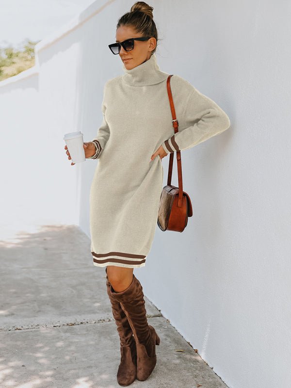 Women's high neck long sleeve skirt knitted dress - Sweater Dress