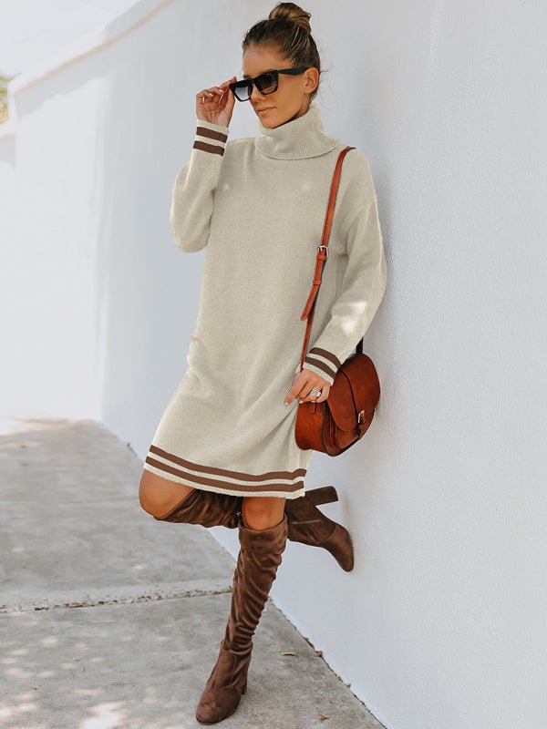 Women's high neck long sleeve skirt knitted dress - Sweater Dress