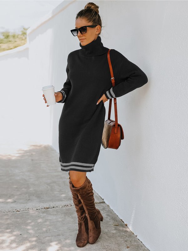 Women's high neck long sleeve skirt knitted dress - Sweater Dress