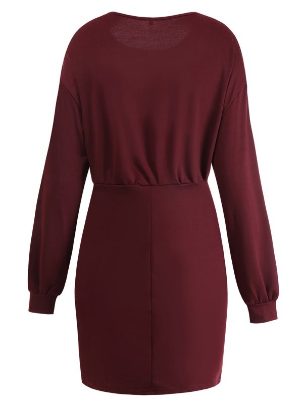 Women's Knitted Round Neck Long Sleeve Slim Package Hip Skirt - Formal Dress