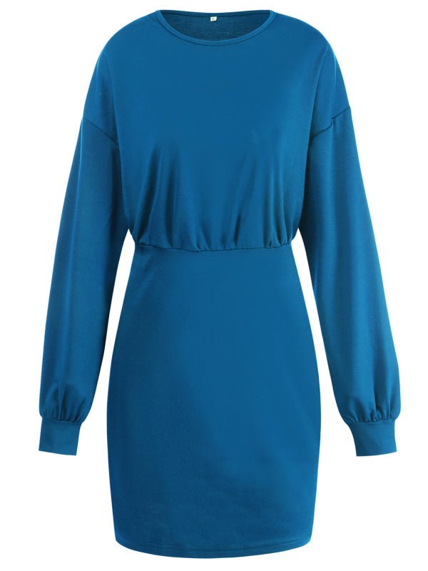 Women's Knitted Round Neck Long Sleeve Slim Package Hip Skirt - Formal Dress