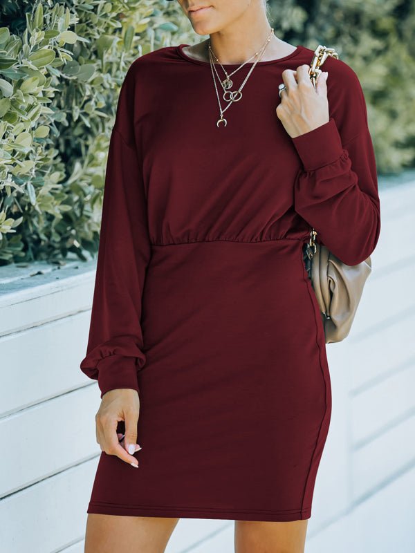 Women's Knitted Round Neck Long Sleeve Slim Package Hip Skirt - Formal Dress