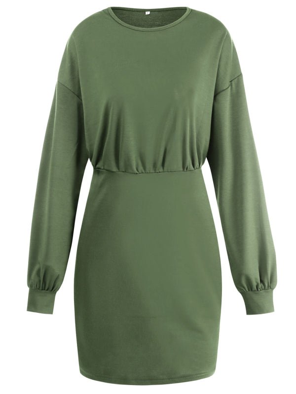 Women's Knitted Round Neck Long Sleeve Slim Package Hip Skirt - Formal Dress