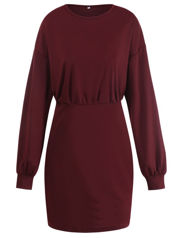 Women's Knitted Round Neck Long Sleeve Slim Package Hip Skirt - Formal Dress
