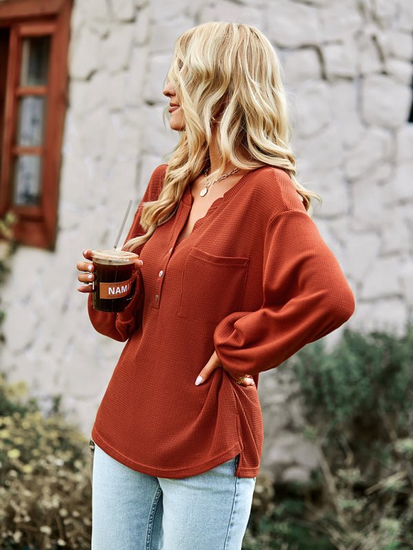 Women's knitting solid color T-shirt casual holiday loose top - Top