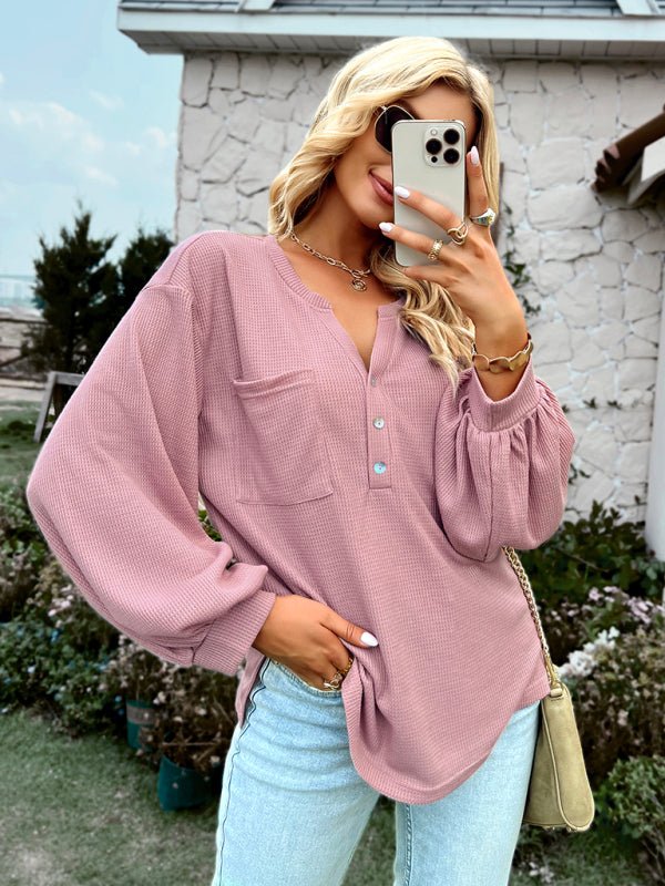 Women's knitting solid color T-shirt casual holiday loose top - Top