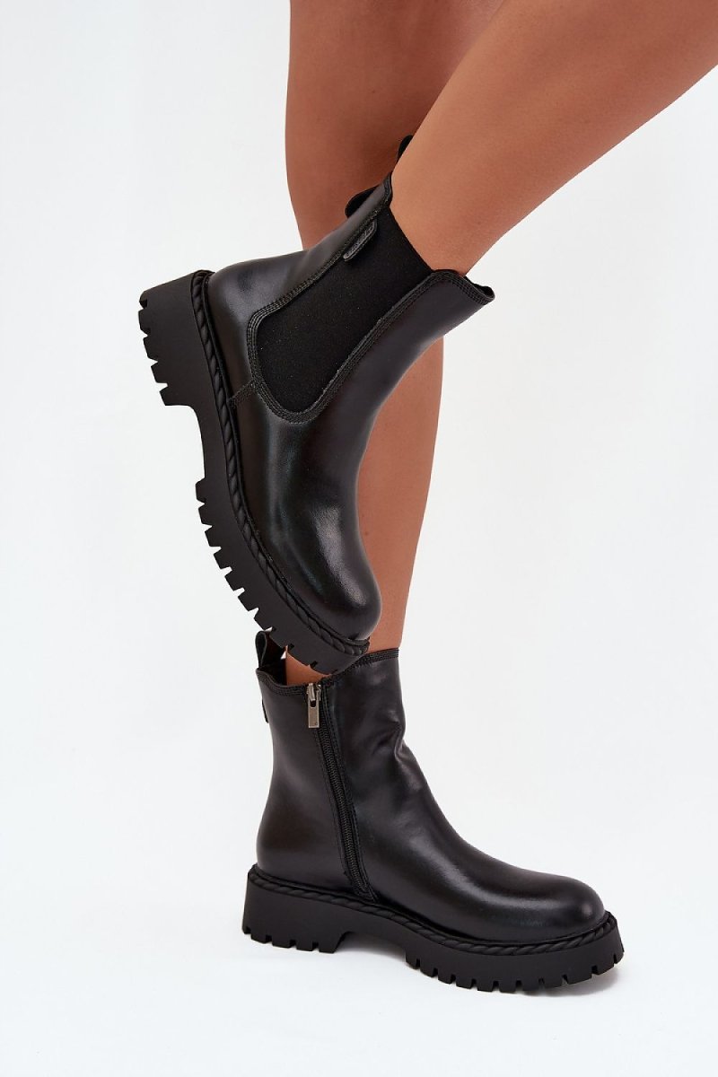 Women's Leather Ankle Boots with Flat Heel - 