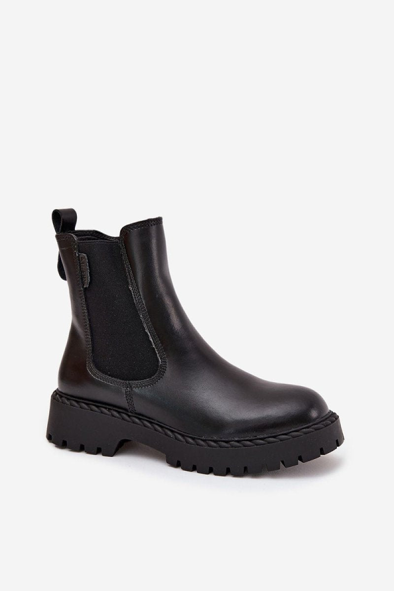 Women's Leather Ankle Boots with Flat Heel - 
