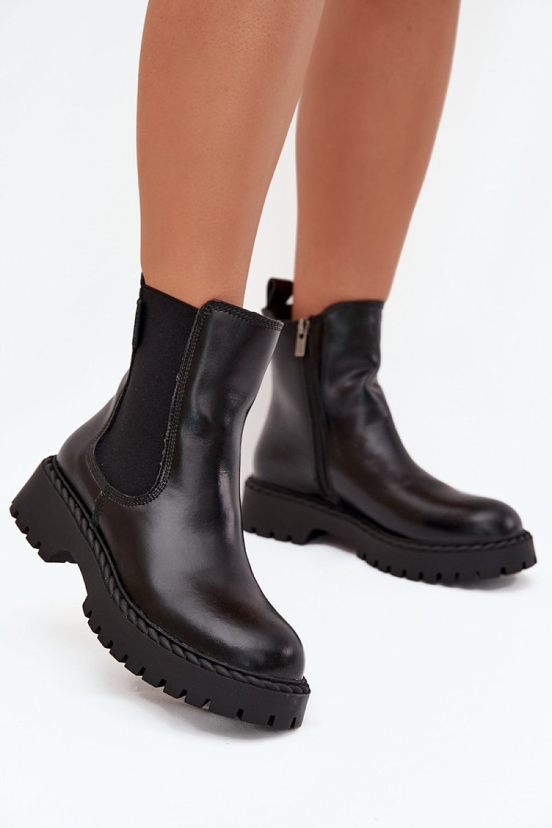 Women's Leather Ankle Boots with Flat Heel - 