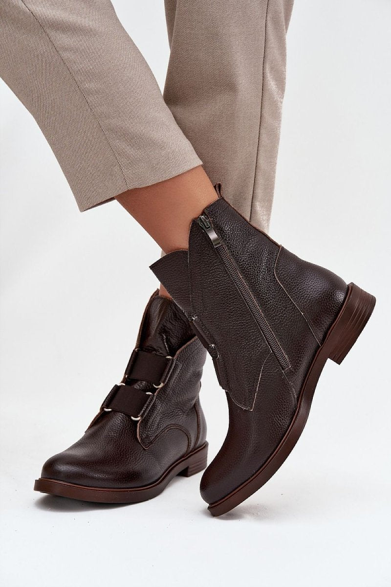 Women's Leather Ankle Boots with Zipper - 
