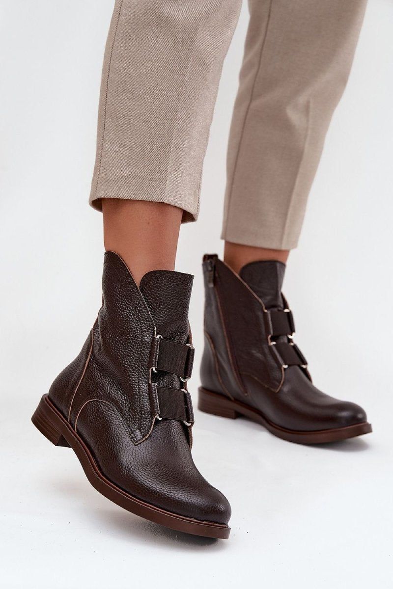 Women's Leather Ankle Boots with Zipper - 