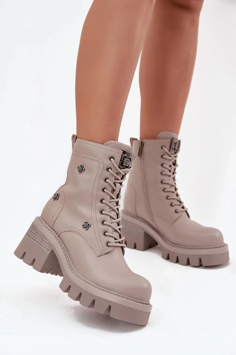 Women's Leather Block Heel Ankle Boots - 