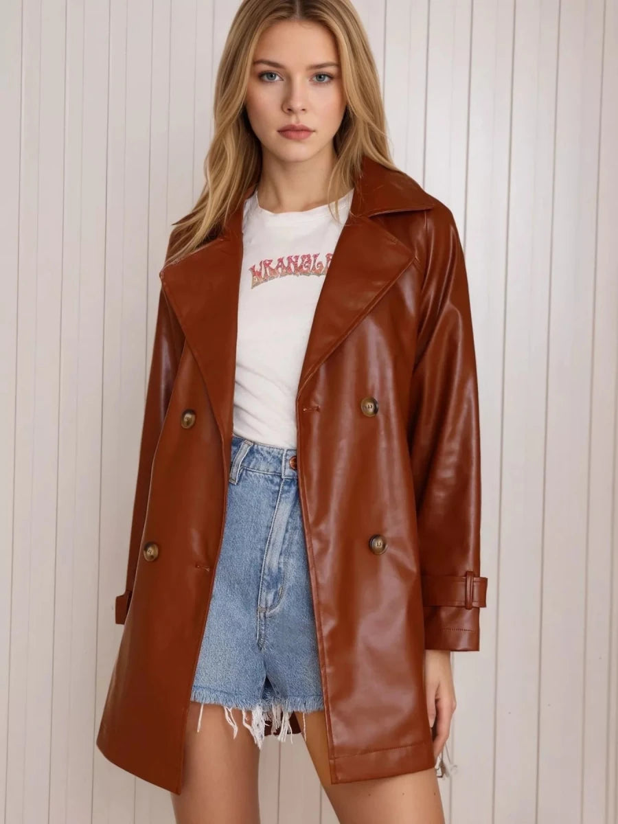 Women's Leather Double - Breasted Jacket - 