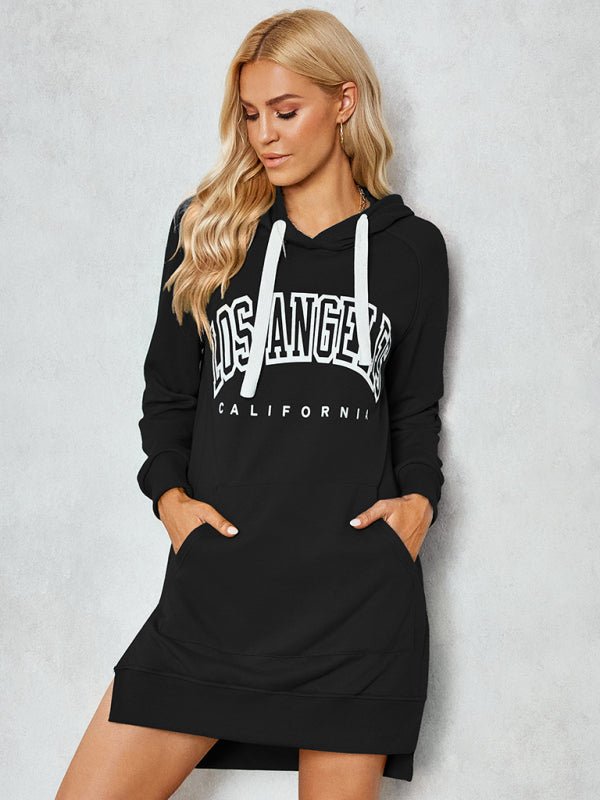 Women's lettered print hooded skirt dress - Casual Dress