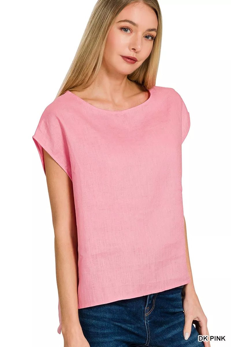 Women's Linen Round Neck Cap Sleeve Top - 